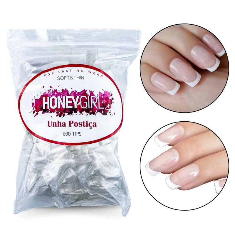 600 Unhas Postiças Quadrada Natural Transparente Honey Girl